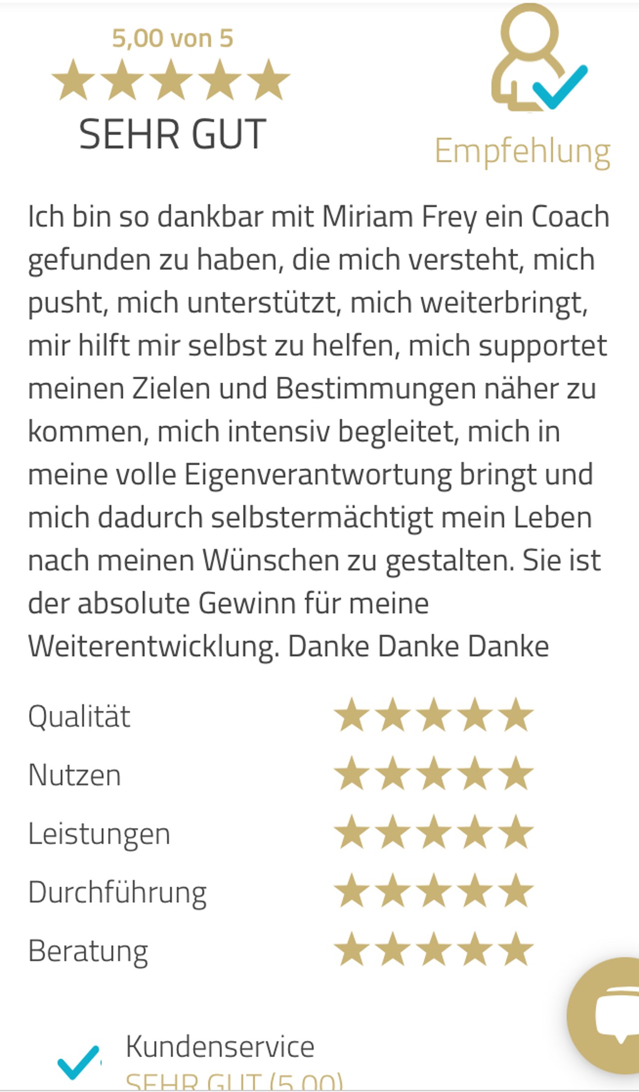 Positive Kundenbewertung für Coach Miriam Frey mit 5 von 5 Sternen und dem Prädikat Sehr Gut.