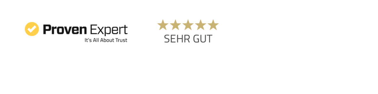 Proven Expert Logo mit fünf Sternen und dem Text „SEHR GUT“ auf schwarzem Hintergrund.