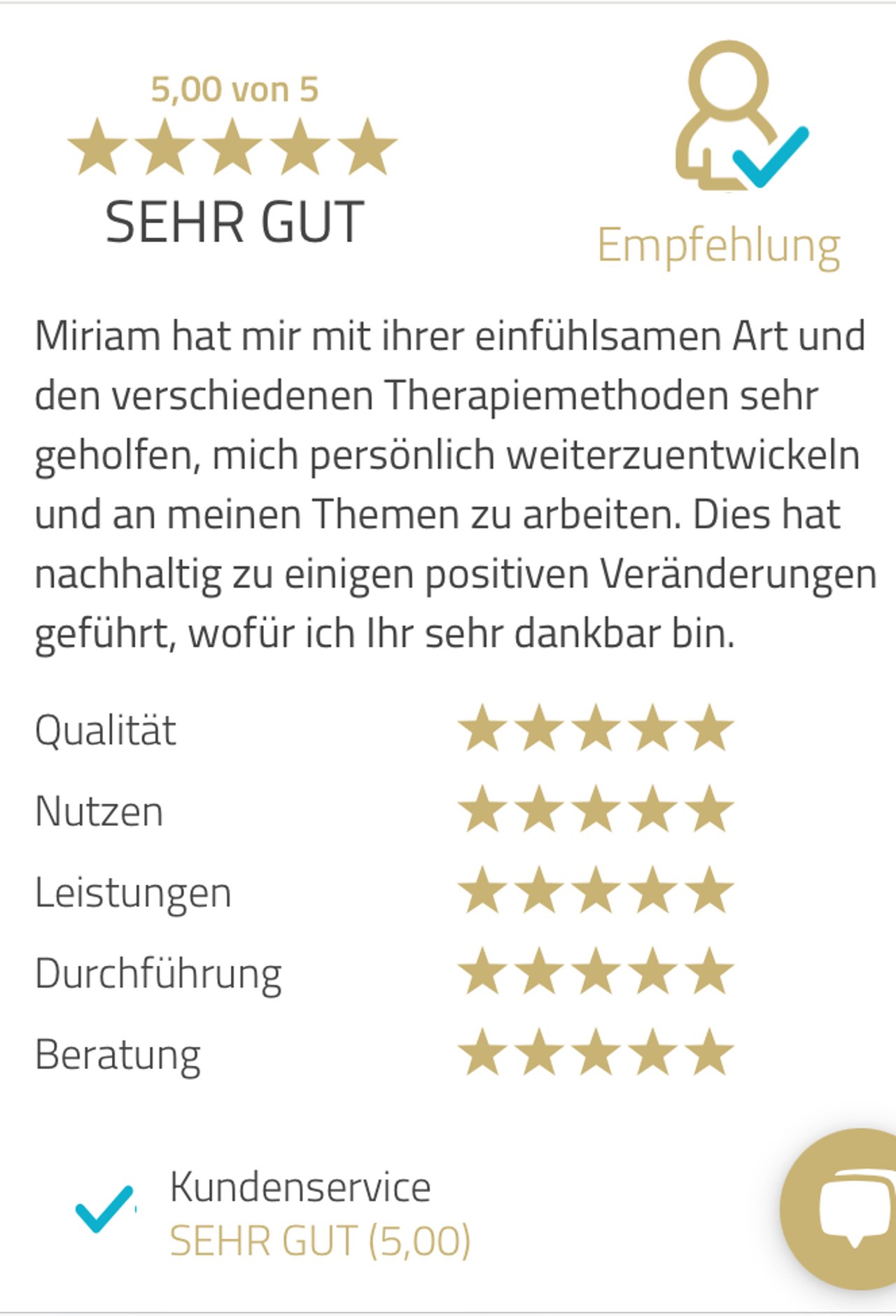 Kundenbewertung mit 5 Sternen, Prädikat Sehr Gut und Empfehlung für Miriam und ihre Therapiemethoden.