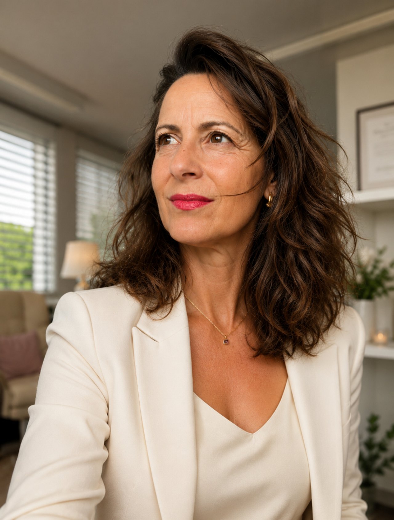 Porträt einer Frau mit braunem, welligem Haar in einem weißen Blazer, die zur Seite blickt.