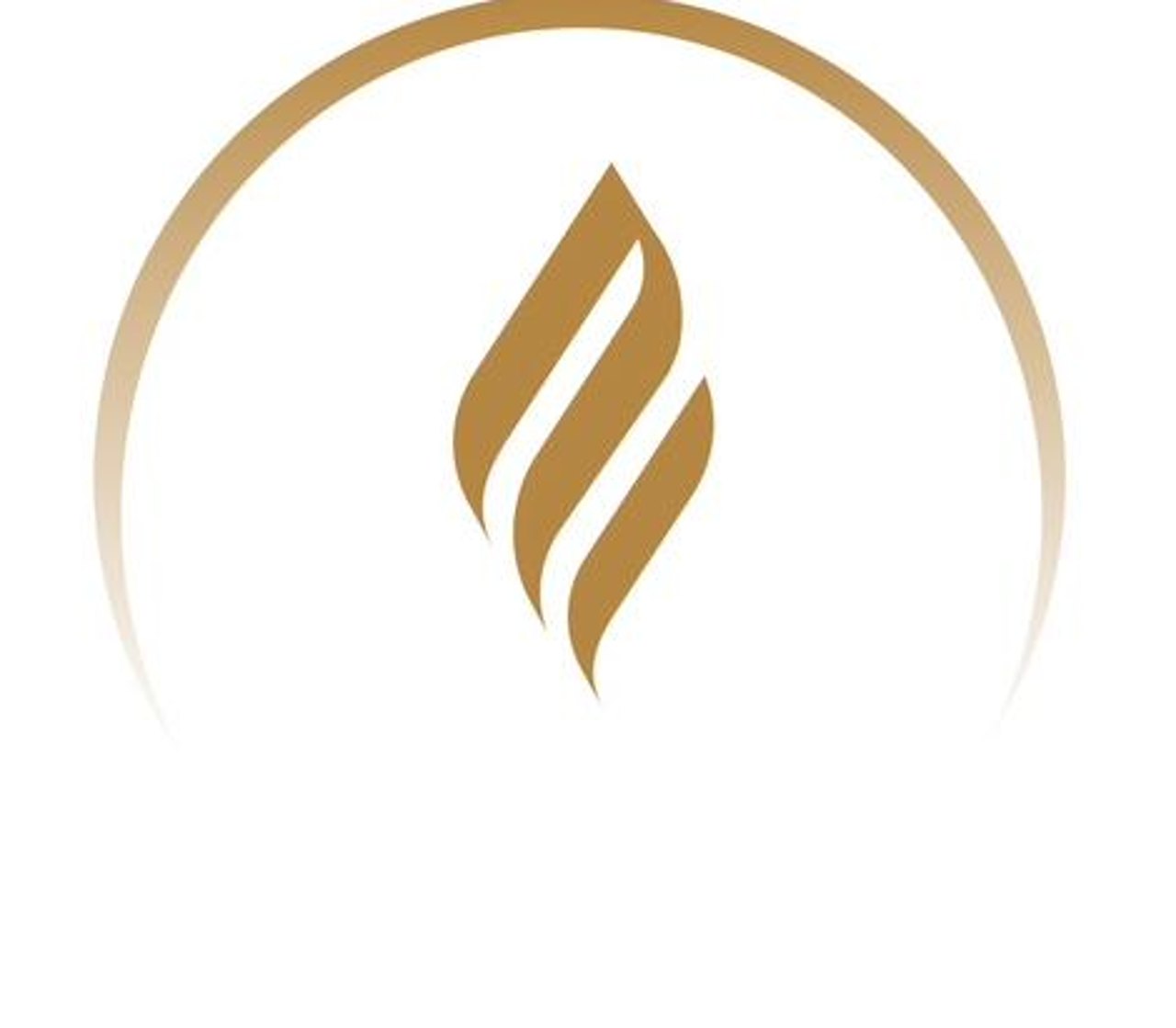 Goldenes Logo mit einer stilisierten Flamme in der Mitte, umgeben von einem kreisförmigen Bogen auf weißem Hintergrund.