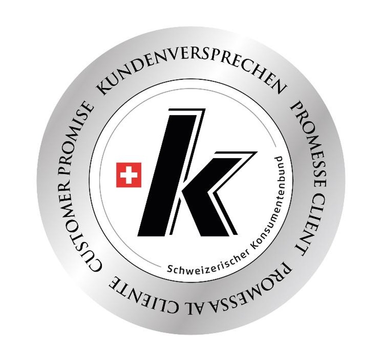 Rundes Siegel des Schweizerischen Konsumentenbundes mit K-Logo, Schweizer Kreuz und dem Text Kundenversprechen.